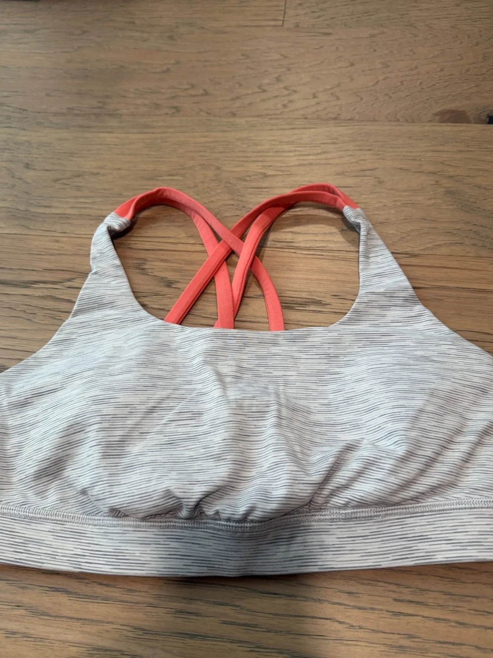 lululemon athletica Energy Light Gray Stripe Sports Bra with Coral Straps